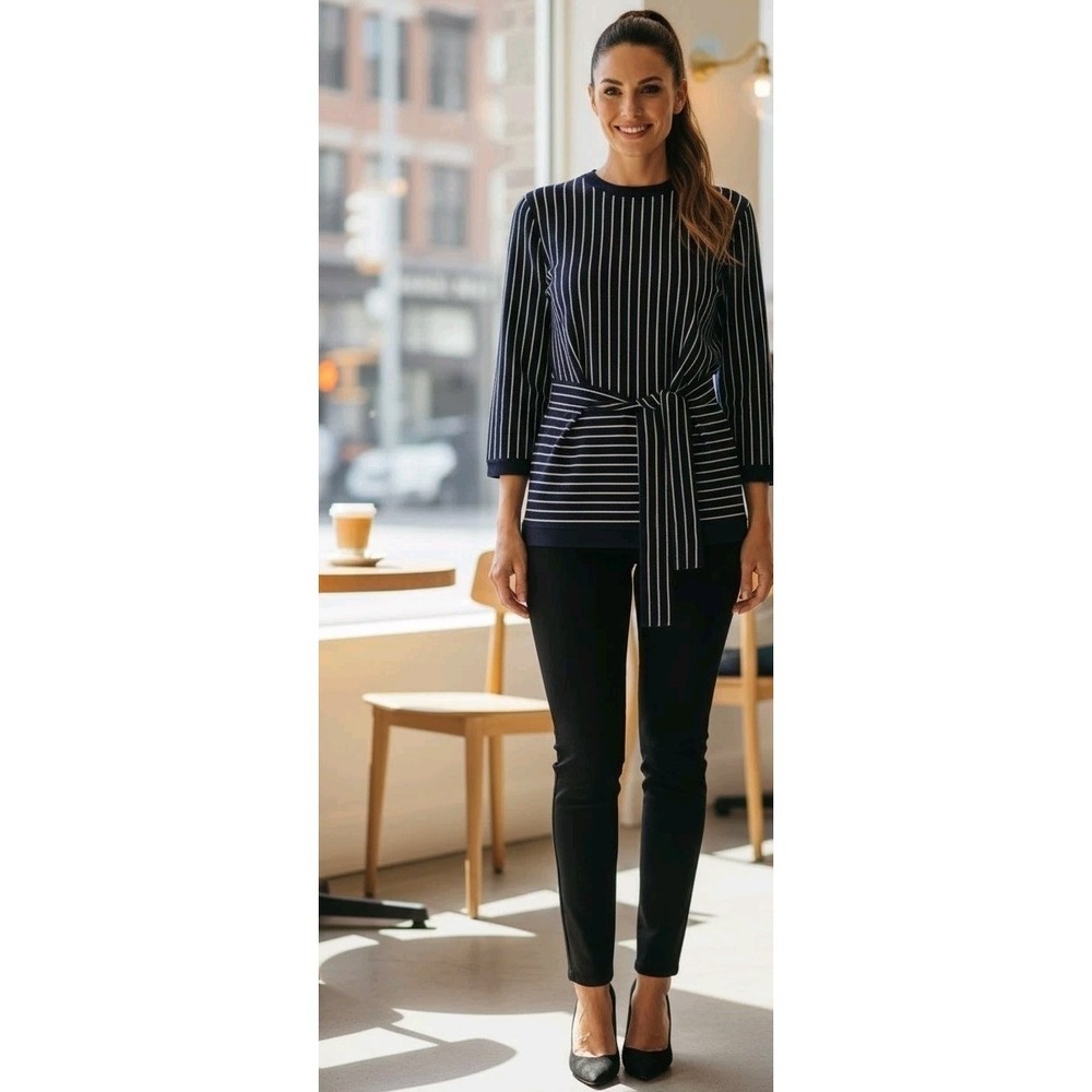 Brooks Brothers Navy Pinstripe Sweater Belted Preppy Old Money Supima Cotton‎ M